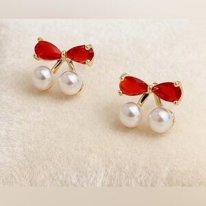 Gorgeous Nordstrom 14KT dip Ruby  Crystal Pearl Bow stud earrings